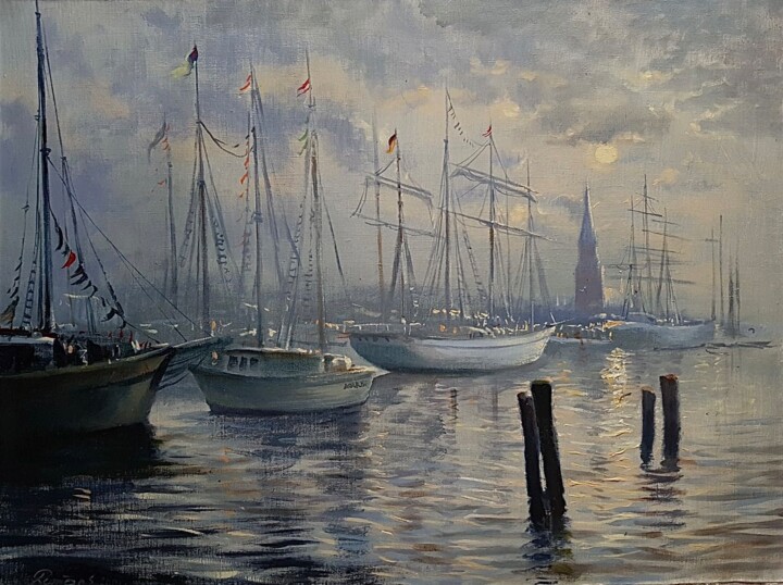 Painting titled "View from the port" by Romans Ivanovskis, Original Artwork, Oil