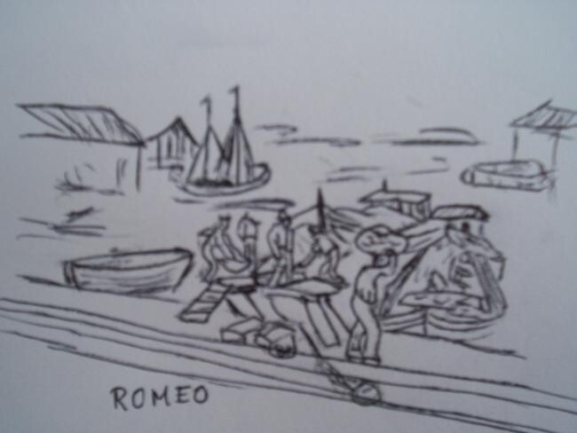 Drawing titled "POSRTO DE PESCADORES" by Romeo Zanchett, Original Artwork