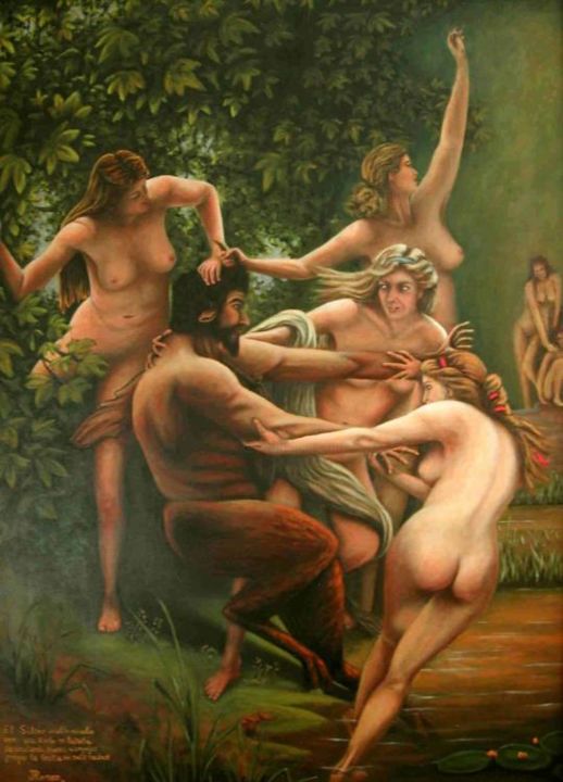 Painting titled "Satyr  hounded by n…" by Jose María Romeo, Original Artwork, Oil
