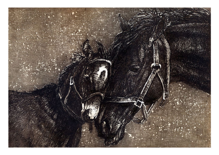 Disegno intitolato "Horse Family (Engra…" da Raileanu Romeo, Opera d'arte originale