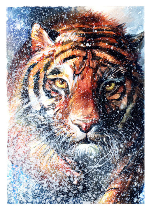 Pintura titulada "Tiger (Watercolor)" por Raileanu Romeo, Obra de arte original