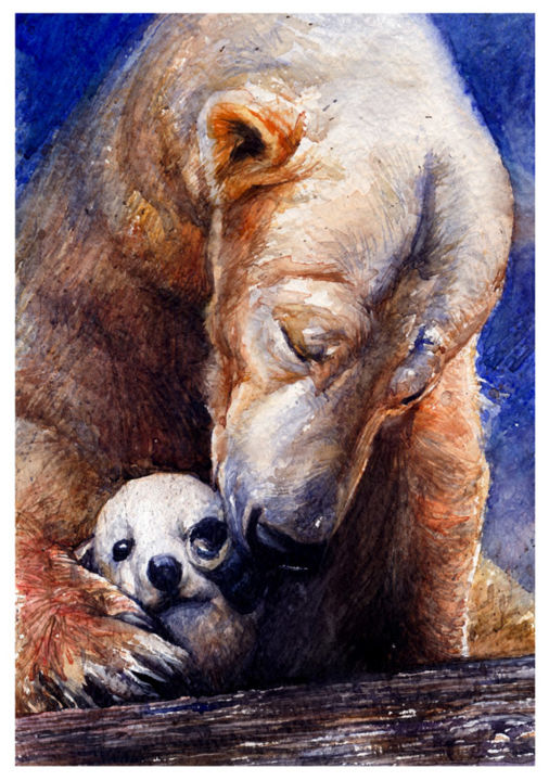 Pintura titulada "Bear with Cub (Wate…" por Raileanu Romeo, Obra de arte original