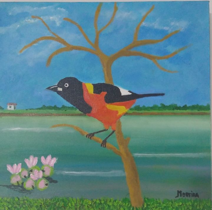 Pintura intitulada "Pássaro Sofreu" por Romeu Graça Moreira, Obras de arte originais, Acrílico Montado em Painel de madeira