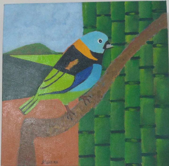 Pintura intitulada "Pássaro  Saíra" por Romeu Graça Moreira, Obras de arte originais, Acrílico Montado em Outro painel rígido