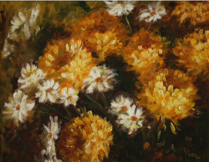 Painting titled "Crisantemos" by Romina Rosin, Original Artwork, Oil