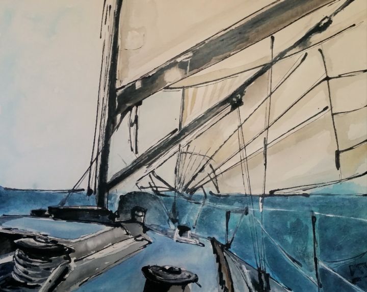 Painting titled "sailing 9 cd boat" by Romina Diaz-Brarda, Original Artwork, Acrylic
