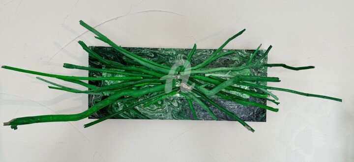 Sculpture titled "Green Tree Twig 2" by Romros, Original Artwork, Acrylic Mounted on Wood Stretcher frame