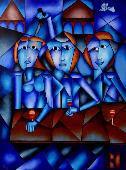 Painting titled "Trahison entre amis" by Romuald Canas Chico, Original Artwork, Oil