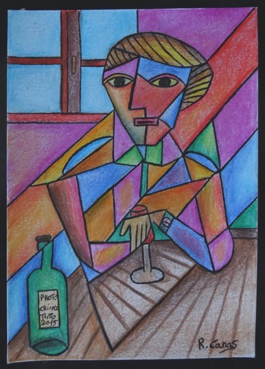 Drawing titled "Autour d'un verre" by Romuald Canas Chico, Original Artwork