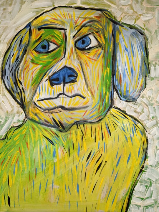 Painting titled "Yellow Dog" by Ron Kammer, Original Artwork, Acrylic