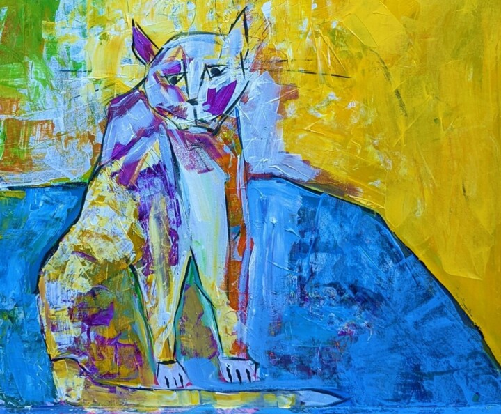 Painting titled "Cat on blue rug" by Ron Kammer, Original Artwork, Acrylic