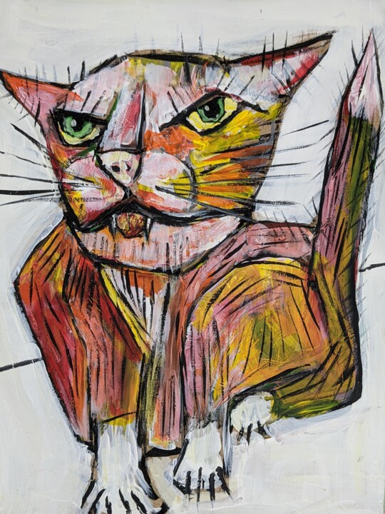 Painting titled "Mad Cat" by Ron Kammer, Original Artwork, Acrylic