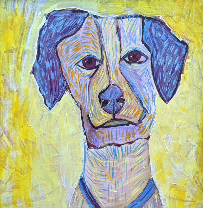 Painting titled "DOG with blue ears" by Ron Kammer, Original Artwork, Acrylic