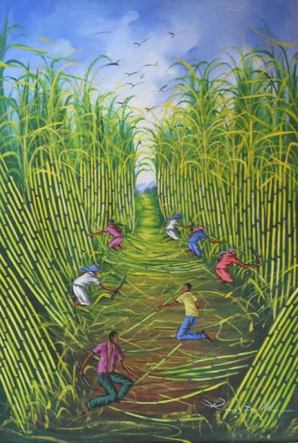 Painting titled "RECOLTE CANE A SUCRE" by Ronald Moise, Original Artwork, Oil