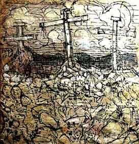 Malerei mit dem Titel "Three Crosses" von Ronald Newman, Original-Kunstwerk, Öl