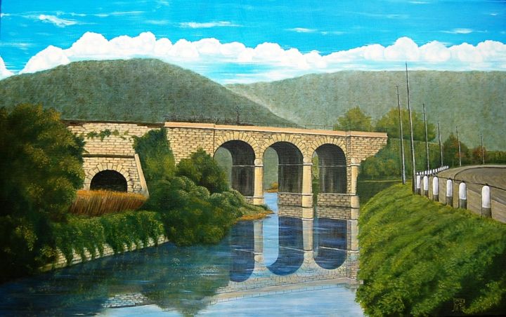 Malarstwo zatytułowany „"Pont de la Raye su…” autorstwa Ronald Van Genechten, Oryginalna praca, Olej