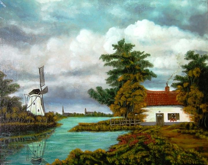 Painting titled ""Huis aan een rivie…" by Ronald Van Genechten, Original Artwork, Oil