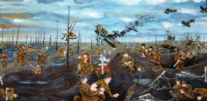 Peinture intitulée ""Oorlog op de akker…" par Ronald Van Genechten, Œuvre d'art originale, Huile