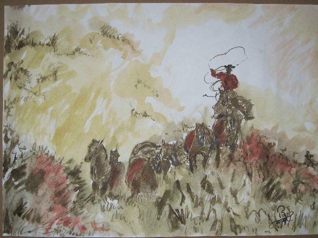 Drawing titled ""Cowboys"" by Ronald Van Genechten, Original Art, Ink