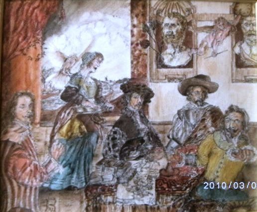 Drawing titled ""Vier kunstenaars"" by Ronald Van Genechten, Original Art, Ink
