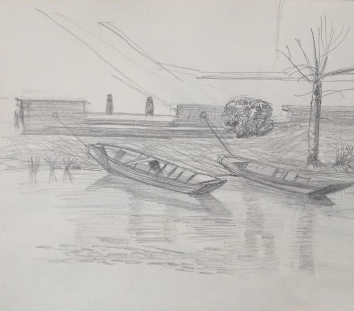 Dessin intitulée "Les barques" par Ronan Le Morvan, Œuvre d'art originale, Crayon