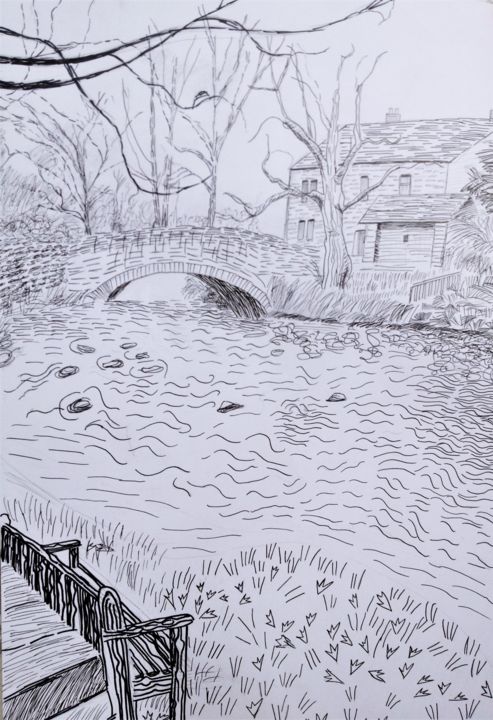 Desenho intitulada "La rivière" por Ronan Le Morvan, Obras de arte originais, Tinta