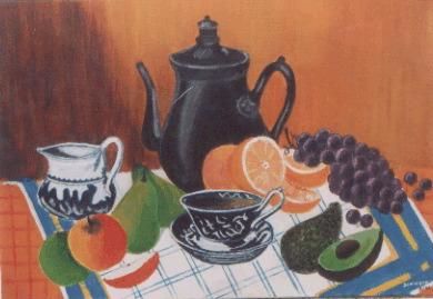 Painting titled "the et fruits" by Dominique Rondeau, Original Artwork, Oil