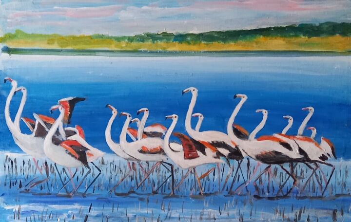 Painting titled "flamants rose" by Dominique Rondeau, Original Artwork, Acrylic
