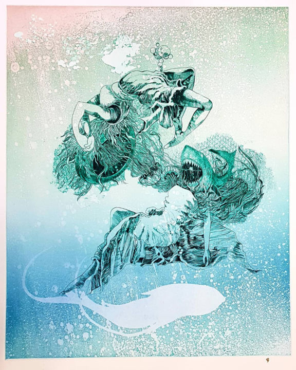 Druckgrafik mit dem Titel "Sinking2" von Rong Guo, Original-Kunstwerk, Gravur