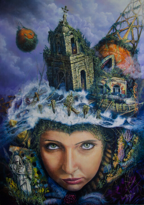 Painting titled "Utopian Construction" by Roniel Llerena Andrade, Original Artwork, Oil
