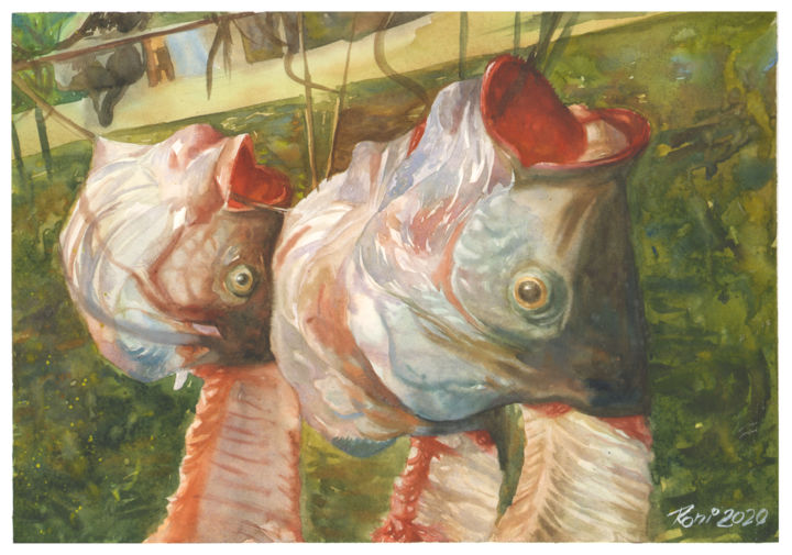 Peinture intitulée "Head Fish" par Roni Kane, Œuvre d'art originale, Aquarelle