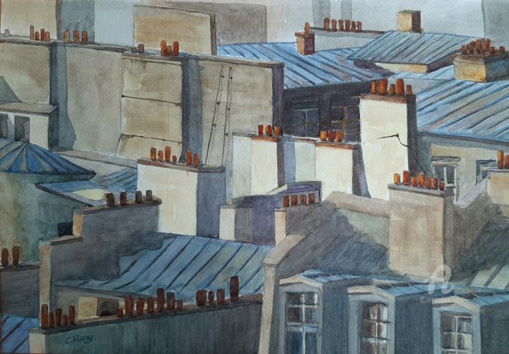Pintura titulada "Paris Chimney Pots" por C.Rony, Obra de arte original, Acuarela