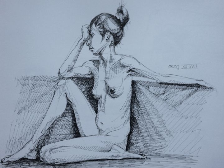 Рисунок под названием "Estudio figura desn…" - Roo Onza, Подлинное произведение искусства, Чернила