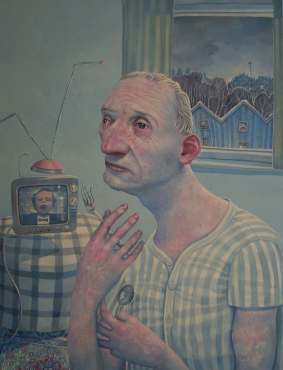 Schilderij getiteld "Man in a box" door Rory Mitchell, Origineel Kunstwerk, Olie