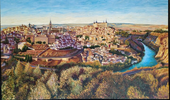 Painting titled "Panorámica de Toled…" by Rosa M Fernández, Original Artwork, Oil Mounted on Wood Stretcher frame