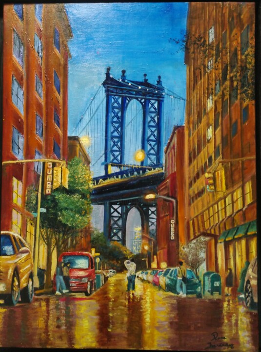 Painting titled "Puente de Bruklin" by Rosa M Fernández, Original Artwork, Oil Mounted on Wood Stretcher frame