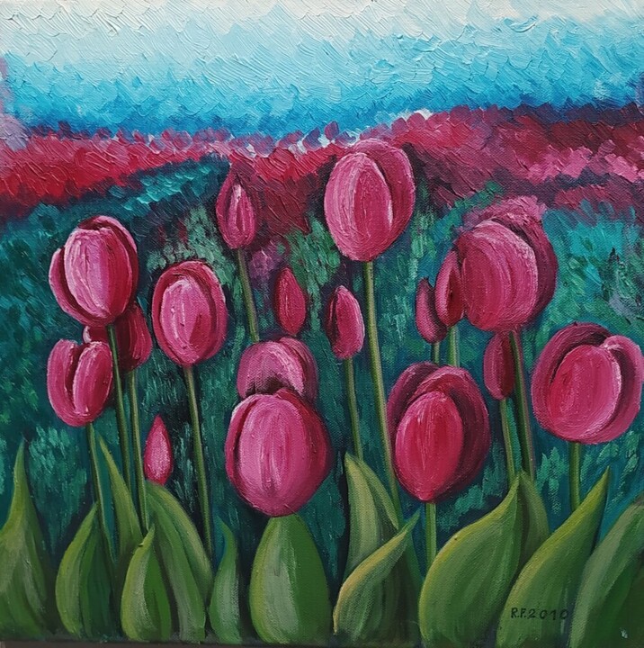 Painting titled "Campo de tulipanes" by Rosa M Fernández, Original Artwork, Oil