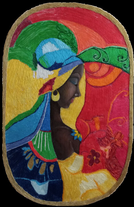 Textile Art titled "MADAME" by Rosa Maria Protopapa, Original Artwork, Thread Mounted on Cardboard