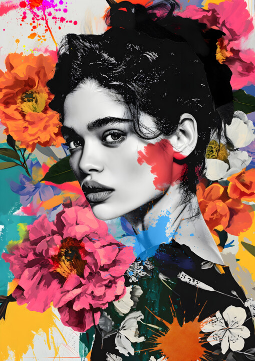 Digital Arts titled "Flower Girl Pop Art…" by Rosa Piazza, Original Artwork, Digital Collage