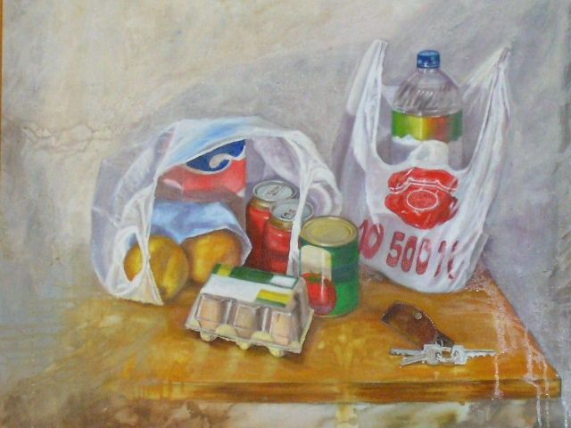 Schilderij getiteld "Bodegon con bolsas…" door Rosa Torralba, Origineel Kunstwerk