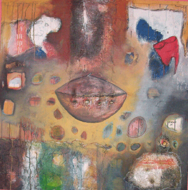 Peinture intitulée "Calebasse sacrée" par Rosaire Degbokin, Œuvre d'art originale, Huile