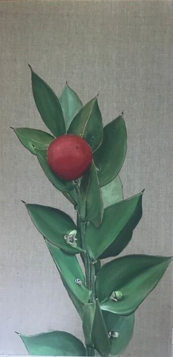 Painting titled "Ruscus aculeatus" by Rosa Mujal Closa, Original Artwork, Oil Mounted on Wood Stretcher frame