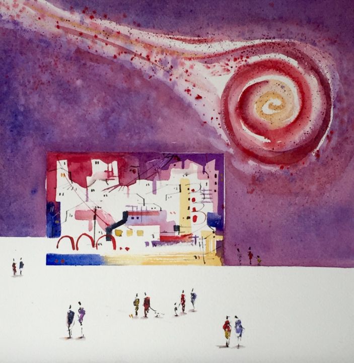 Peinture intitulée "la visita del cometa" par Rosana Soriano, Œuvre d'art originale, Aquarelle Monté sur Panneau de bois