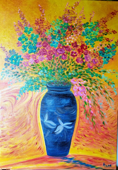 Painting titled "Le Vase Bleu" by Rosann, Original Artwork, Oil Mounted on Wood Stretcher frame