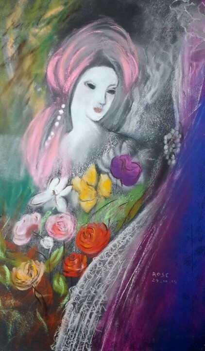 Painting titled "LA DAME AUX FLEURS" by Rose Cadinu, Original Artwork, Pastel