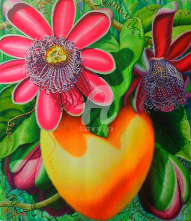 Painting titled "Flores do maracujá" by Rose Fernandes, Original Artwork, Acrylic