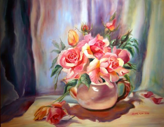 Schilderij getiteld "Roses and Tulips" door Rose Lady, Origineel Kunstwerk, Olie