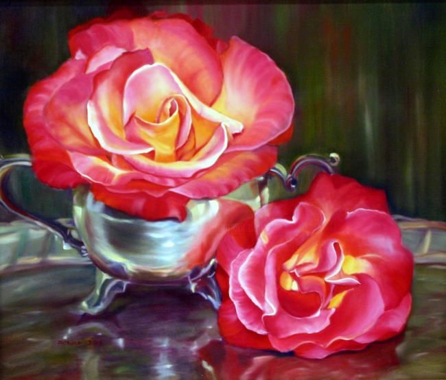 Schilderij getiteld "Roses on Silver Pla…" door Rose Lady, Origineel Kunstwerk, Olie