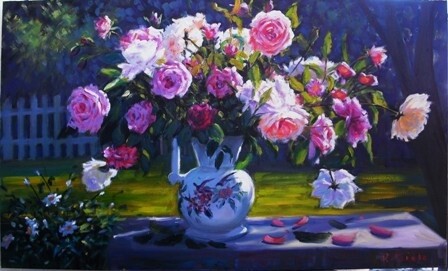 Painting titled "Rosas" by Rose Miele, Original Artwork, Oil
