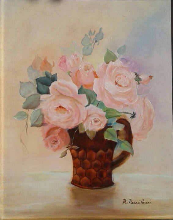 Painting titled "Roses anciennes 2" by Rose Passalboni Giudicelli, Original Artwork, Oil Mounted on Wood Stretcher frame
